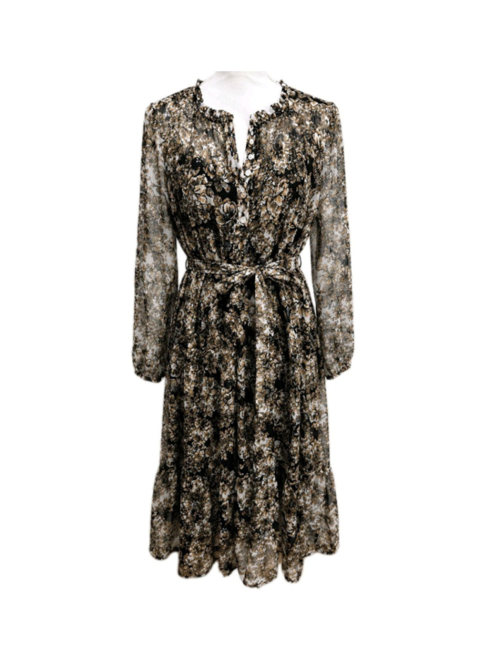 Frye & Co Sheer Floral Midi Dress Gold Lurex Boho Peasant Tie Waist Size L